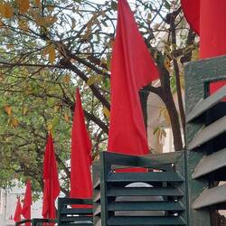 Alle Zaunpfosten rot beflaggt