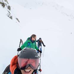 Q, Theo, Benjamin skinning up the glacier