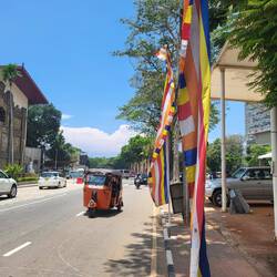 Die Farben der Flagge repräsentieren die Aura Buddhas, passend dazu ein Tuk Tuk