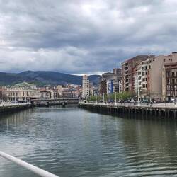 Nervión River in Bilbao, Spain, with the Zubizuri Bridge