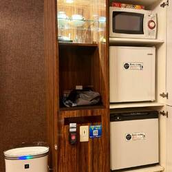 Microwave, fridge, minibar, and, of course, a tea set.