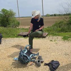 Jayme putting her socks back on after lunch
