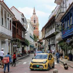 Cathedral's tower and colonial houses.