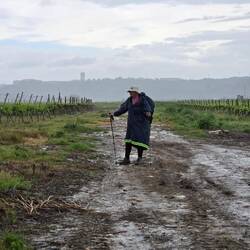 Jayme trying to find solid footing with Santerem in the background