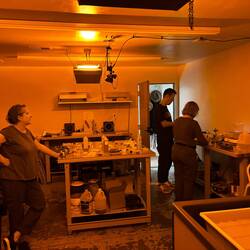 Lorain, Zoltan and Susanne working in the dim room.