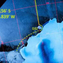 D32 encounter position; our route around it ... dashes represent hoped for route tomorrow.