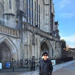 Cathy suited up and ready to tour the Cathedral