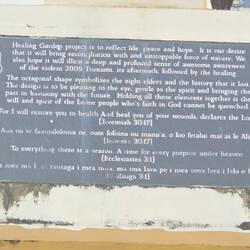 Tsunami commemorative plaque in Leone Park.