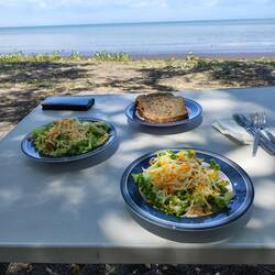 Unser Mittagessen. Nicht aufgepasst. Einen Teller Salat fand eine Hündin ganz lecker.