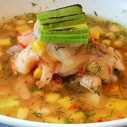 A delicious fish (tuna) soup, typical Colombian: mango ceviche.