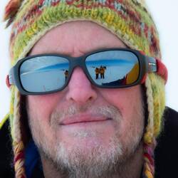 Phil's glasses mirror us — Weddell Sea, Antarctica.