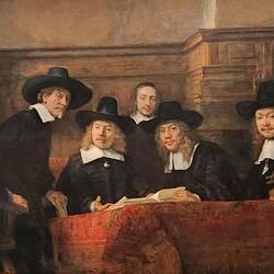 Syndics of the Drapers' Guild," an oil painting by Rembrandt, 1662.