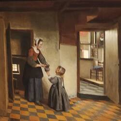 "A Woman with a Child in a Pantry" by Dutch Golden Age painter, Pieter de Hooch, 1658