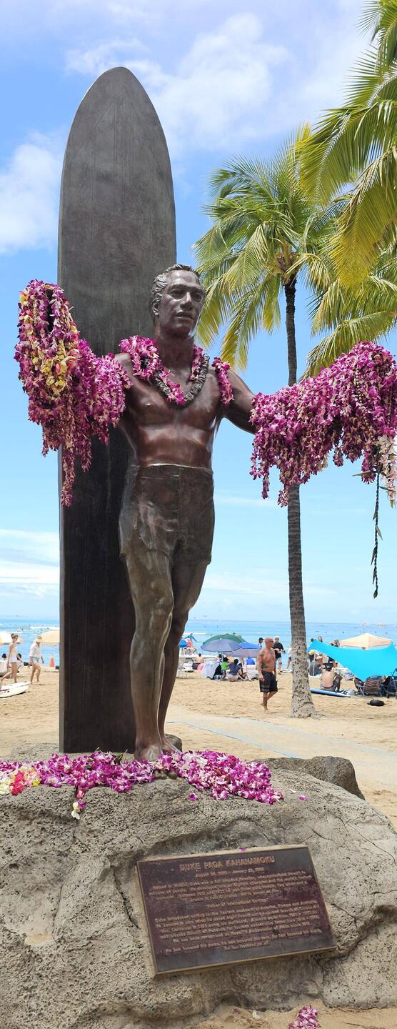 Statue of Duke Kahanamoku: gold medal winner (swimming, 1912), surfer, actor, Freemason, Shriner.