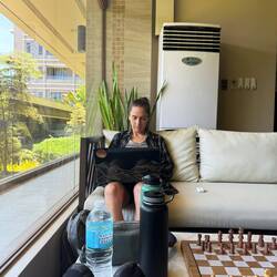 Chels hard at work in the lounge