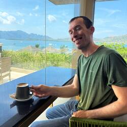 Chris looking tired! Thank goodness we got coffee!