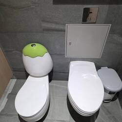 This was cute and have never seen before. A stall with two toilets and one small for a kid
