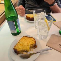 Our orange cake with orange blossom and a sparkling water