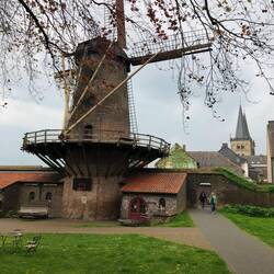 Kriemhildmühle mit dem Mikro- Bioladen innen, dahinter der St. Norbert- Dom