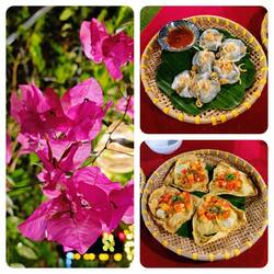 Weiße Rosen (oben rechts) und frittierte Wantan (unten rechts)