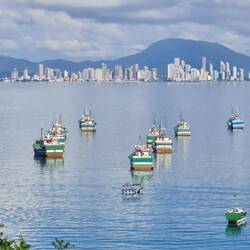 Tradition und Moderne; in der Stadt im Hintergrund werden Jachten dreistöckig übereinander gelagert.