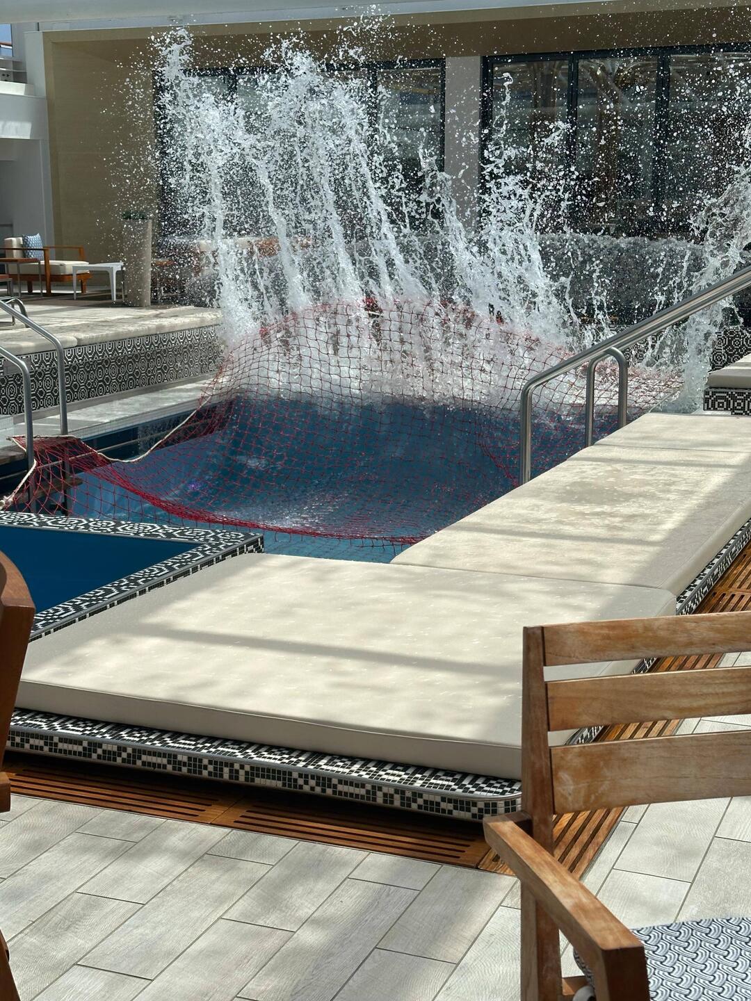 This is how high to water shot up in the swimming pool during the 14 hours of high seas.