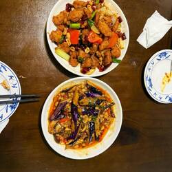 Braised eggplant and kung pao chicken