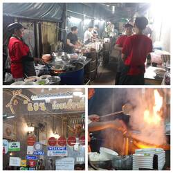 Nur 1 Gericht. Rührei mit zerkochten Nudeln und Hühnchen. Open Air Küche und "Restaurant".