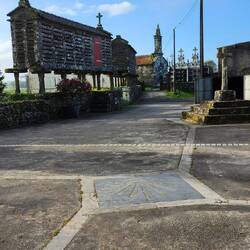 2 horreos, a church, a cemetery, Camino path...lots going on
