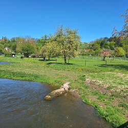 Alme mit Wiesen, Obstbäumen und Pferden