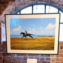 "Horse Ride Along The Beach," depicting a person riding a horse at Pakiri Beach in NZ