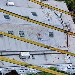 These 60ft arachnids are not actually sculptures but actually painted on this roof!
