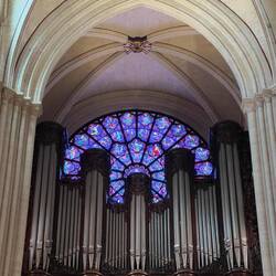 Notre Dame nach der Wiedereröffnung, Rosettenfenster aus dem 13. Jahrhd. mit Orgel aus 8000 Pfeifen.