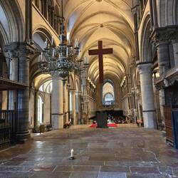 The candle burns in the place where St Thomas Beckett's shrine once was. He was killed in 1170