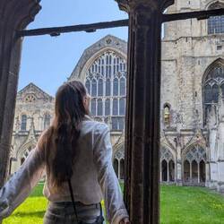 Maggie looking at the cathedral tower in awe