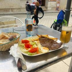 Bigger lunch than usual! Steak eggs salad bread