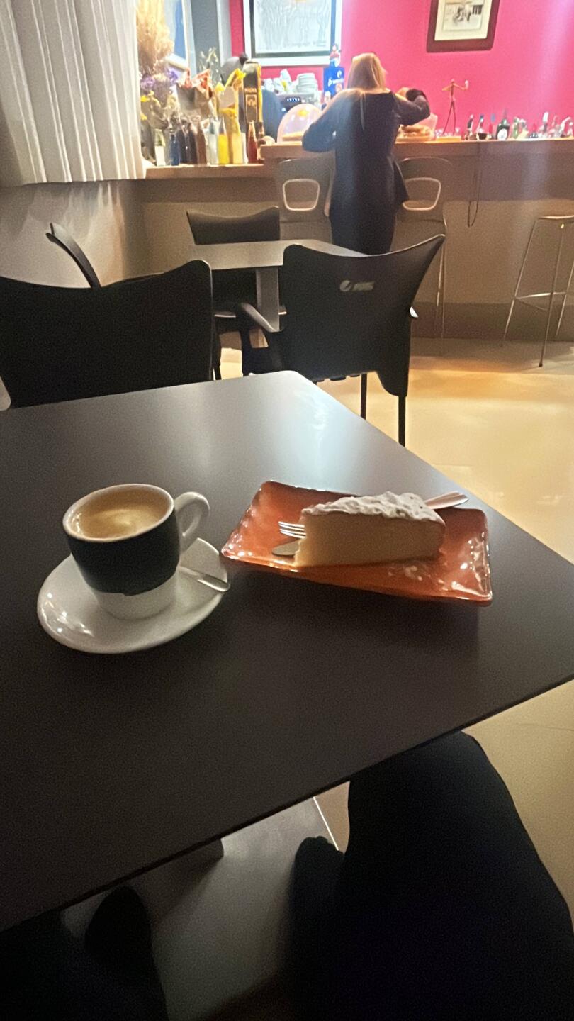 First breakfast - coffee and "Santiago cake" at my albergue bar