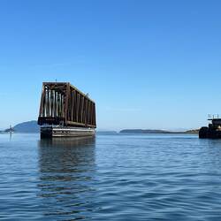 Railroad swing bridge. Left open unless a train is coming.