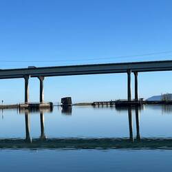 Rt 20 highway bridge and railroad swing bridge.