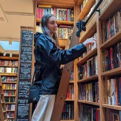 Went to the Topping and Company Booksellers of Bath bookstore! Maggie climbed the ladder for a book
