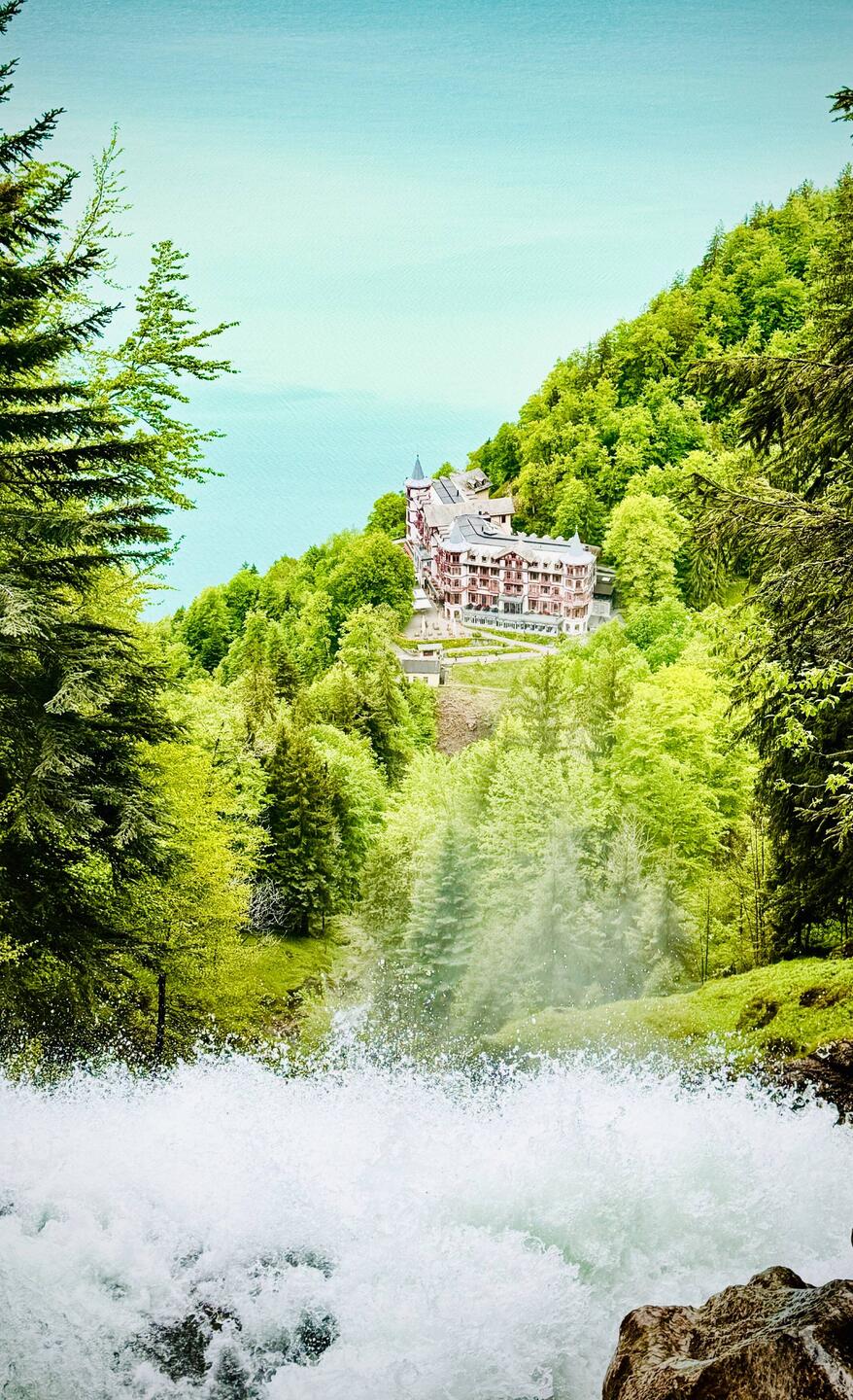 Das Grandhotel über´m türkisfarbenen See - der Gießbachfall im Vordergrund: steil isses....