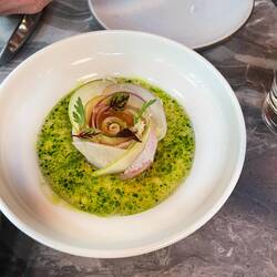 Yellowtail with slices of apple and radish in cold noodle sauce drizzled with lemon verbena oil, cit