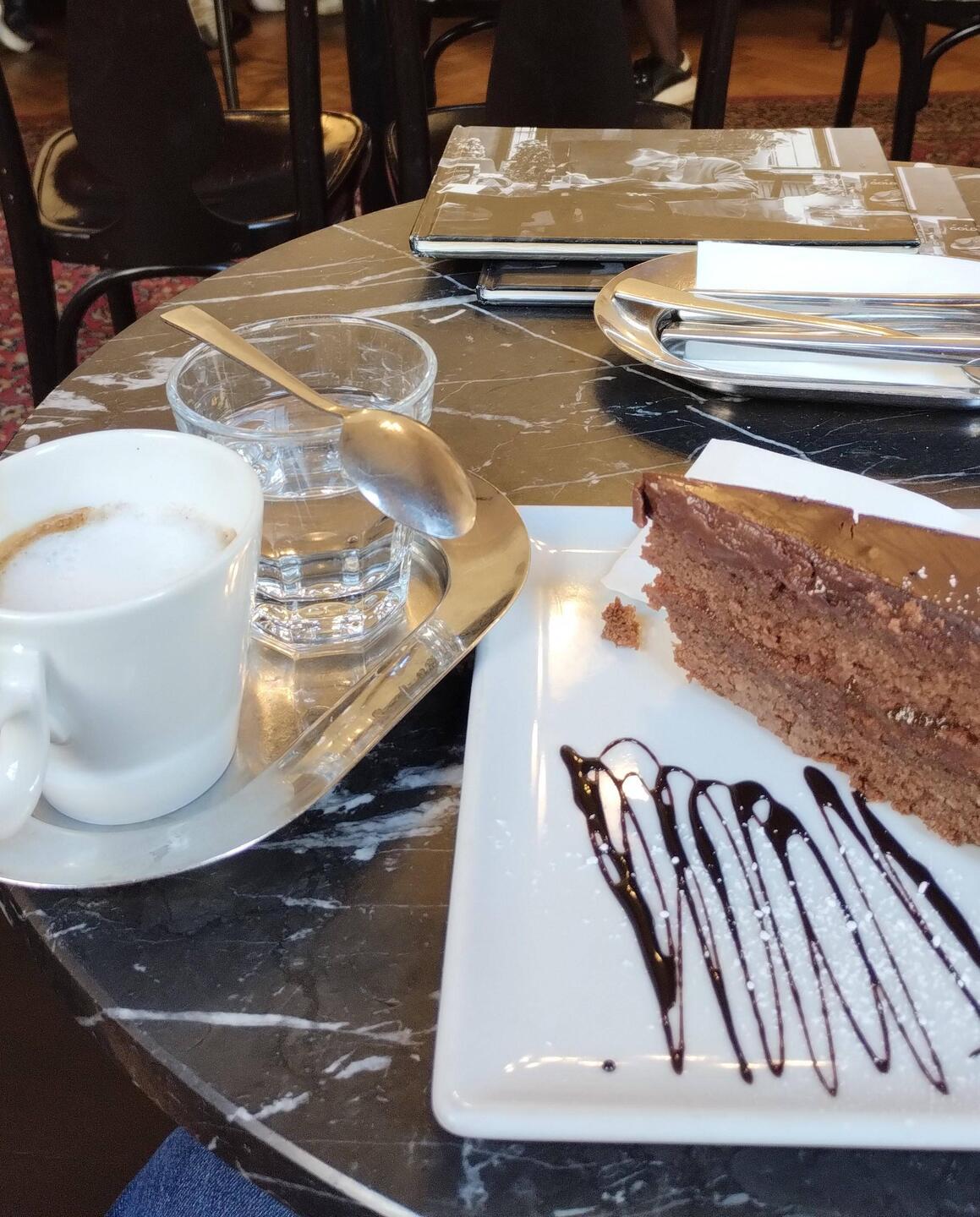 Double brauner and sachertorte at Café Goldegg