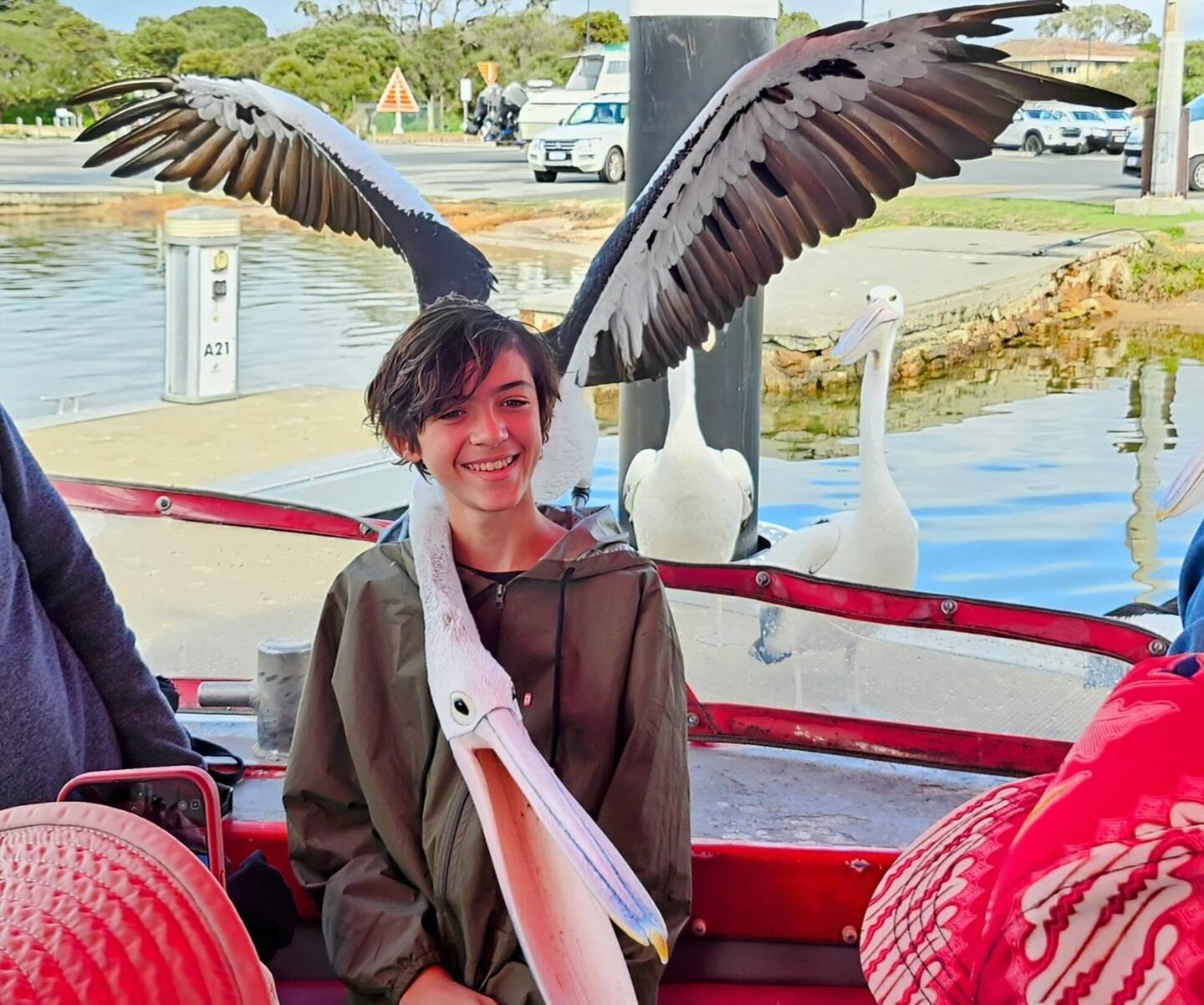 Thomas with Perch the pelican. Cpt Jack rescued Perch as a youngster.