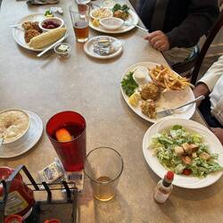 Crab meat aplenty at the Waterman's Crab House. Crab bisque and crab cakes with hush puppies.