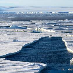 Leads allow us to move south towards the continent in the distance — Vahsel Bay, Antarctica.