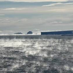 Ethereal scenery with sea smoke and a few snowflakes — Vahsel Bay, Antarctica.