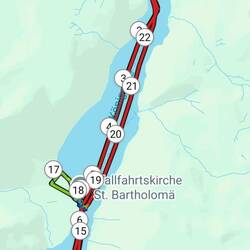 15 km mit dem Schiff, 10 km zufuss.