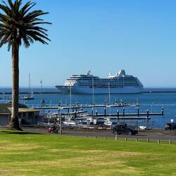 Our ship at anchor, Portland, Victoria, Australia