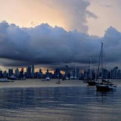 Panama City skyline at sunset.